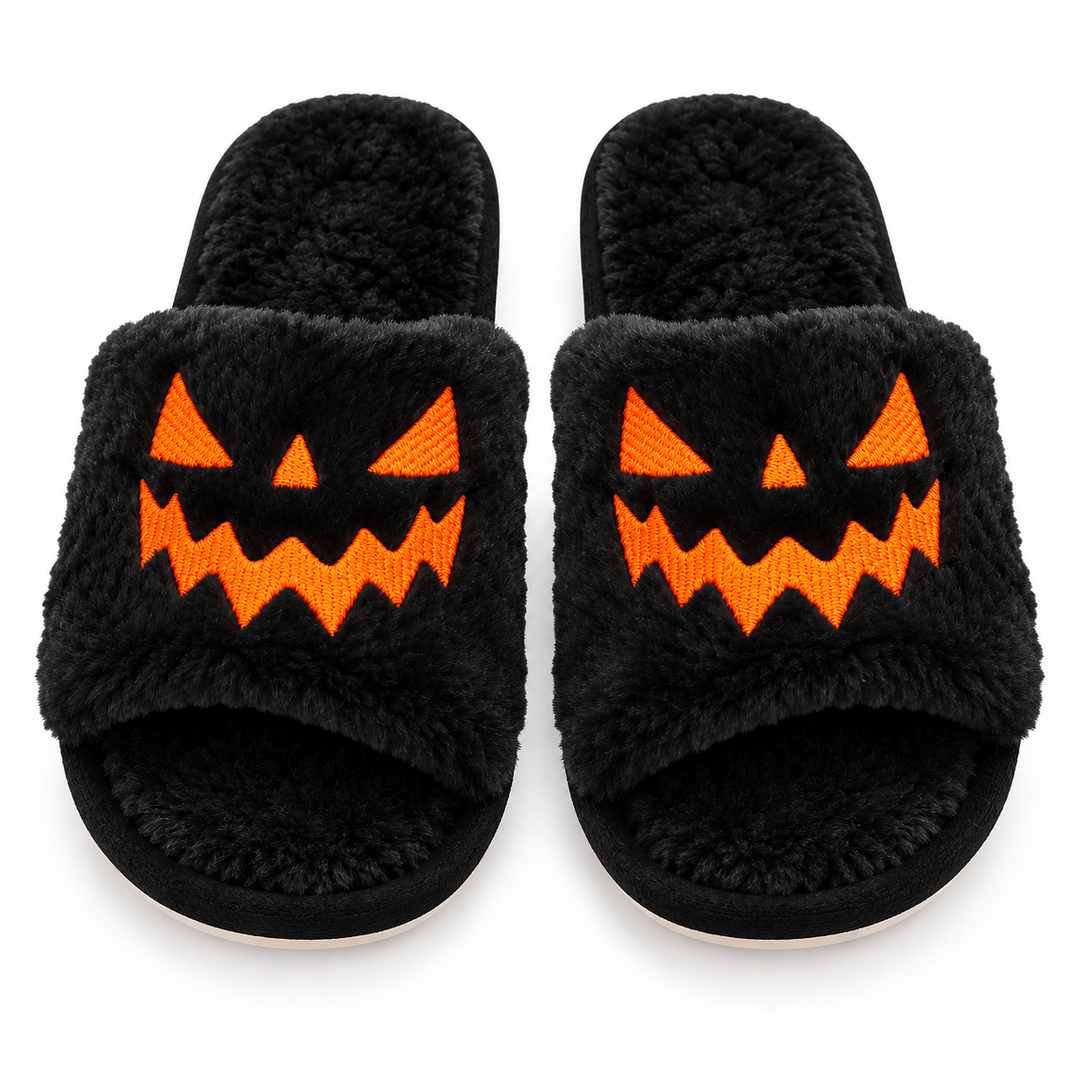Black plush Halloween slippers with orange jack-o&