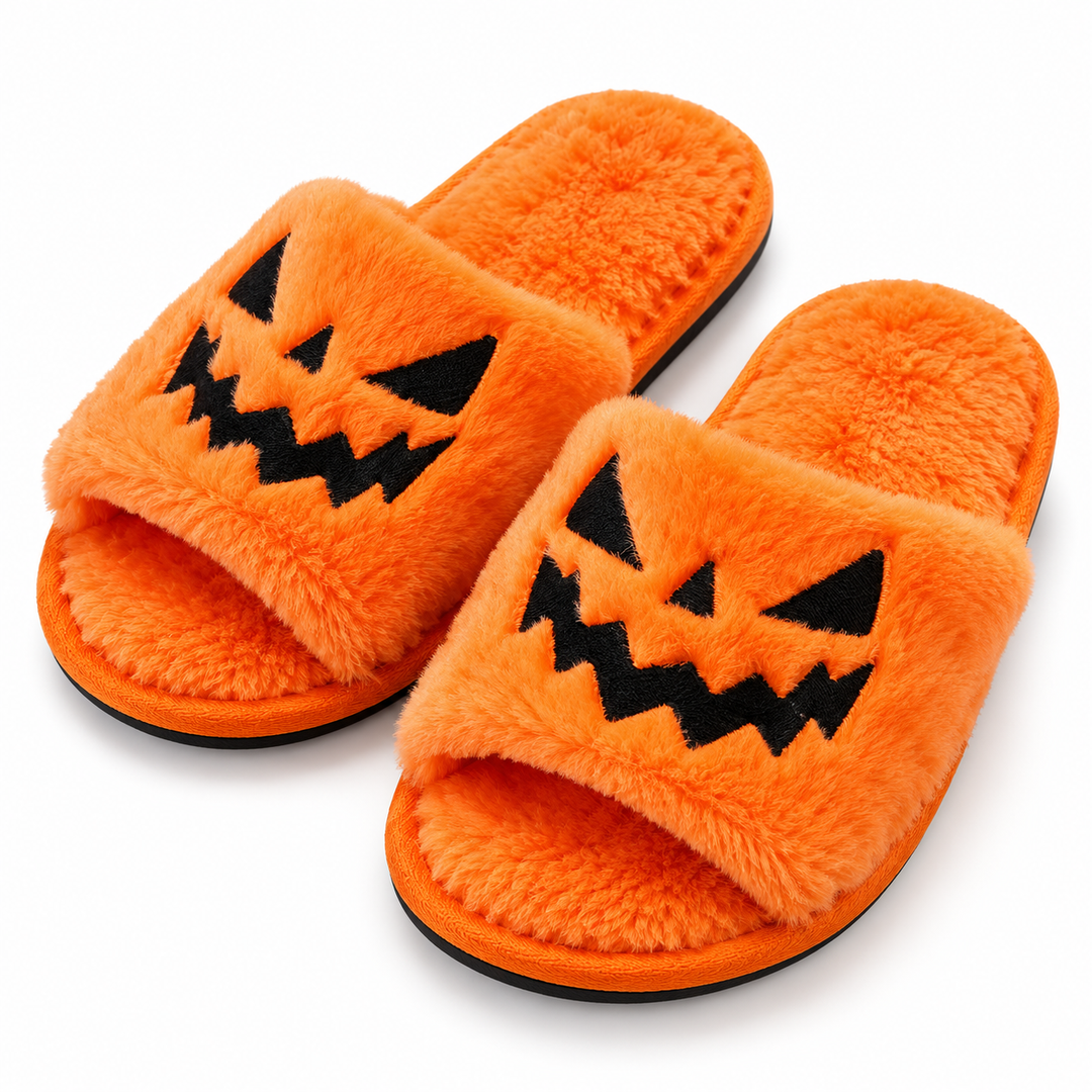 Orange plush Halloween slippers with black jack-o&