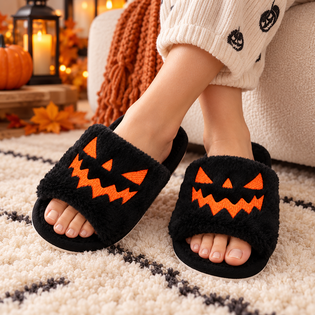 Black plush Halloween slippers worn indoors in a seasonal home setting