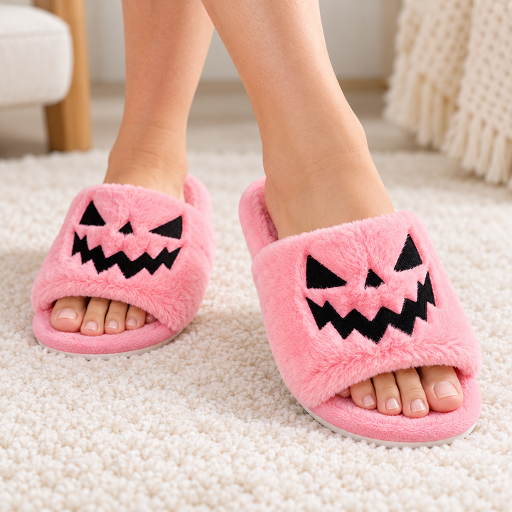 Pink plush Halloween slippers with black jack-o&