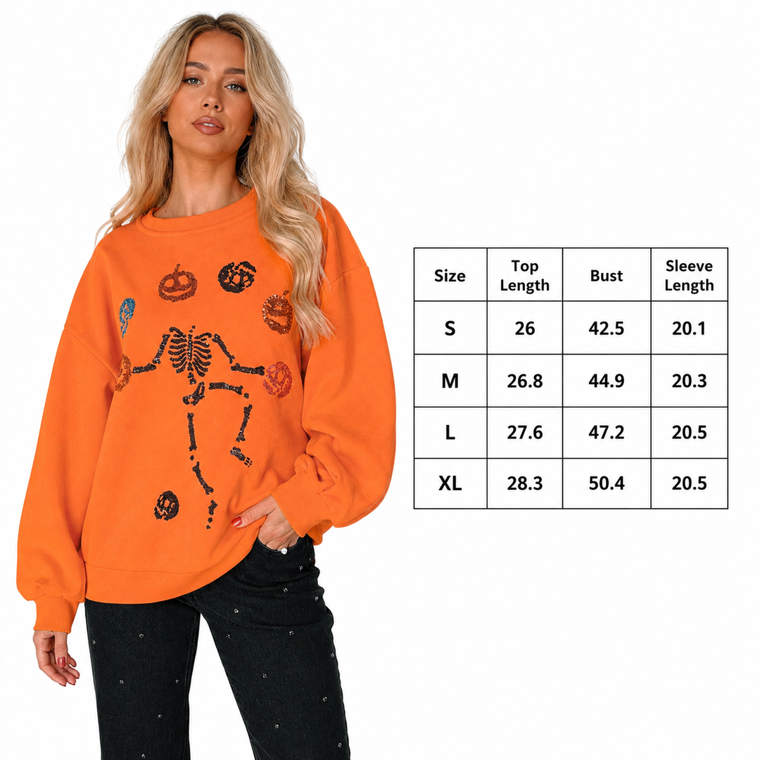 Halloween Skeleton Pumpkin women’s sweatshirt size chart for S, M, L and XL with top length, bust and sleeve length