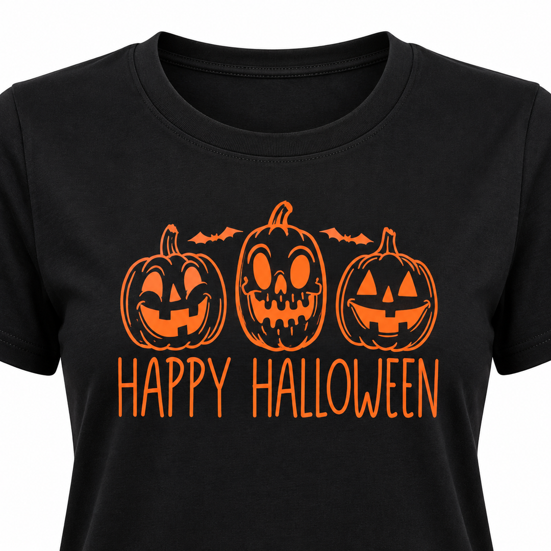 Black Happy Halloween T-shirt close-up showing the pumpkin print and neckline.