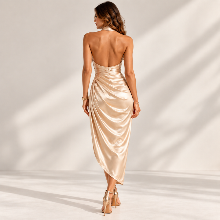 Champagne halter neck evening dress back view showing open back and draped midi skirt