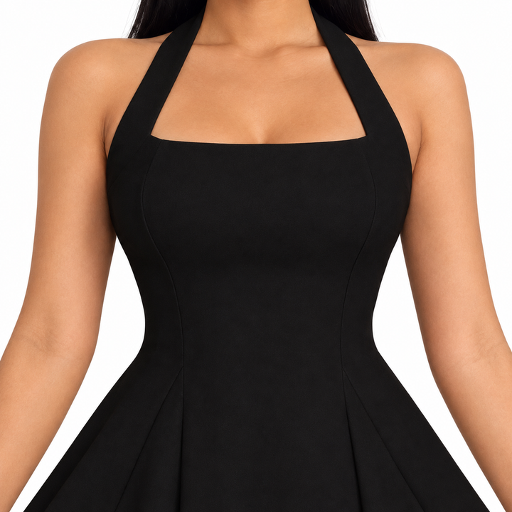 Close-up of the black dress square neckline and halter straps