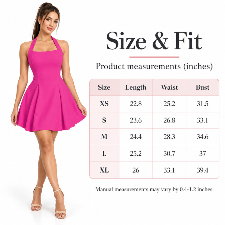 Dress size chart in inches for XS to XL showing length, waist and bust