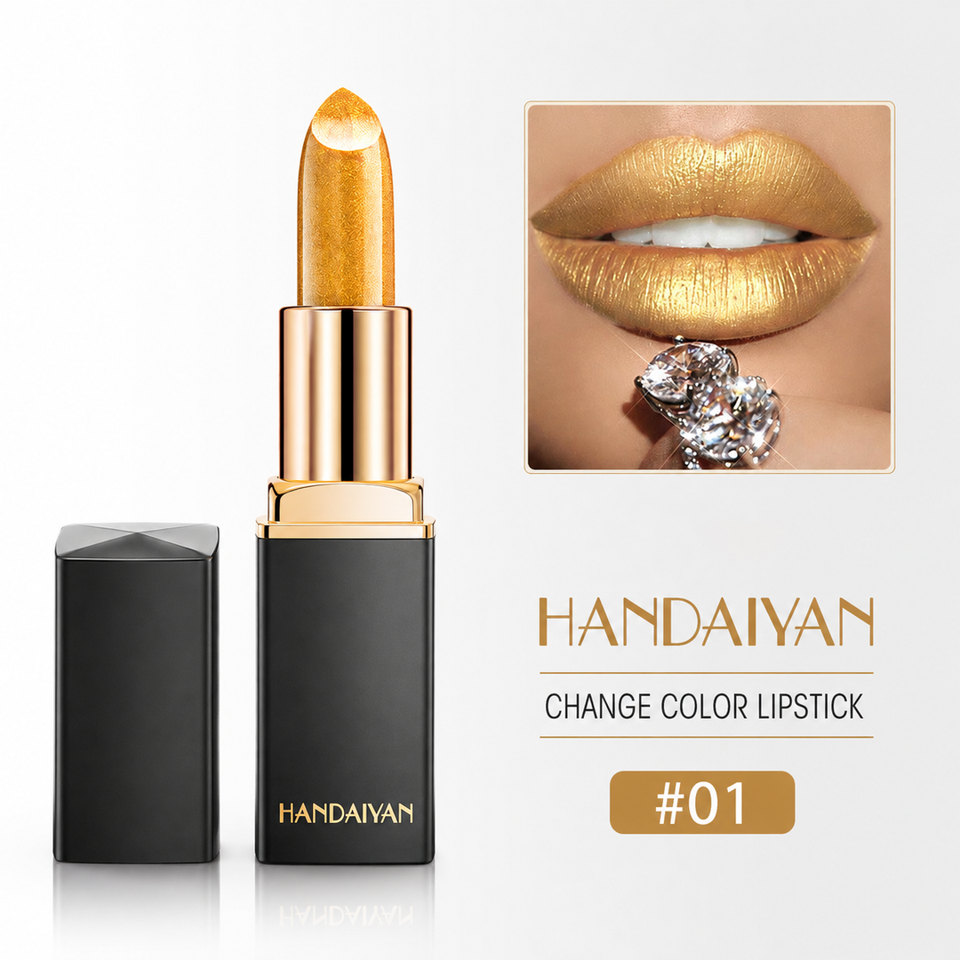 Handaiyan change color lipstick shade #01 with gold metallic finish, black and gold case, and matching lip result on white.