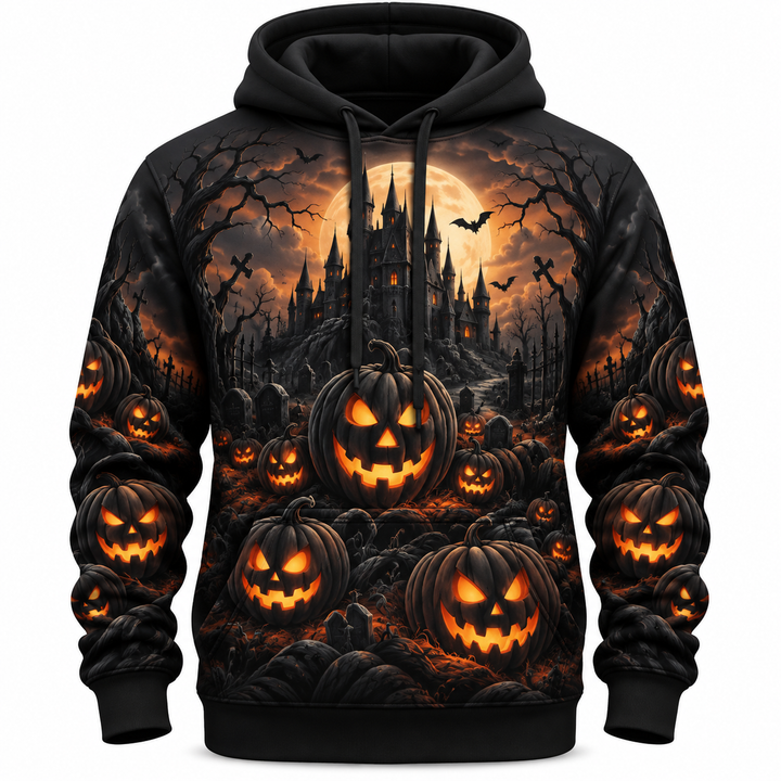 Haunted castle pumpkin hoodie front product view with orange jack-o-lantern print