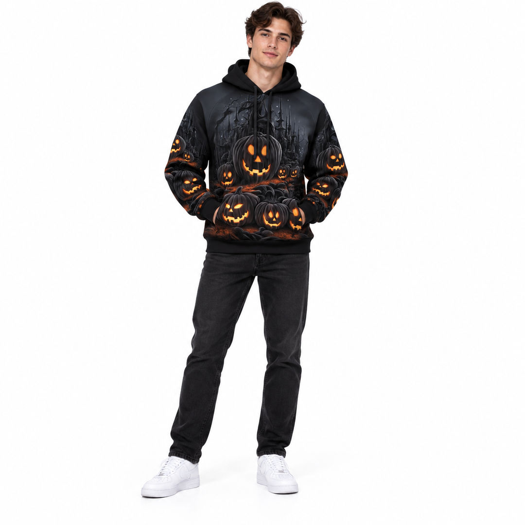 Haunted castle pumpkin hoodie on full-body model with orange jack-o-lantern print