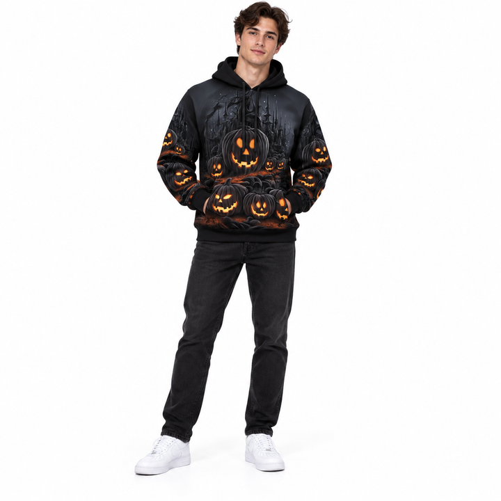 Haunted castle pumpkin hoodie on full-body model with orange jack-o-lantern print