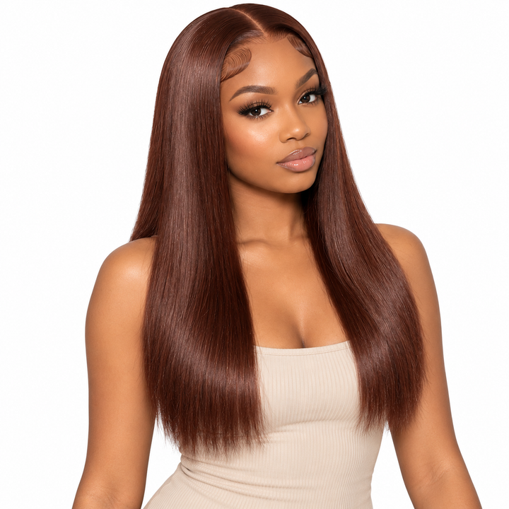 16 inch HD lace front wig worn by a woman with straight chestnut brown hair, center part and natural hairline.