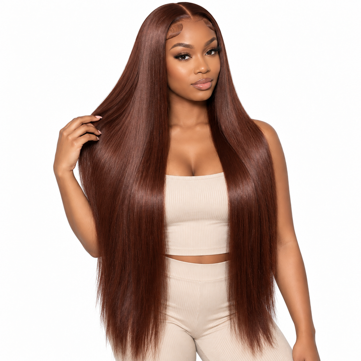 22 inch straight chestnut brown lace front wig worn in a clean studio pose showing natural hairline and smooth fall.