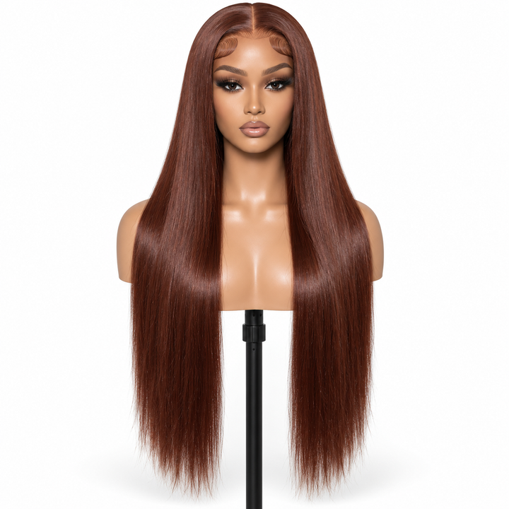 24 inch HD lace front wig front view on mannequin with straight chestnut brown hair and center part.