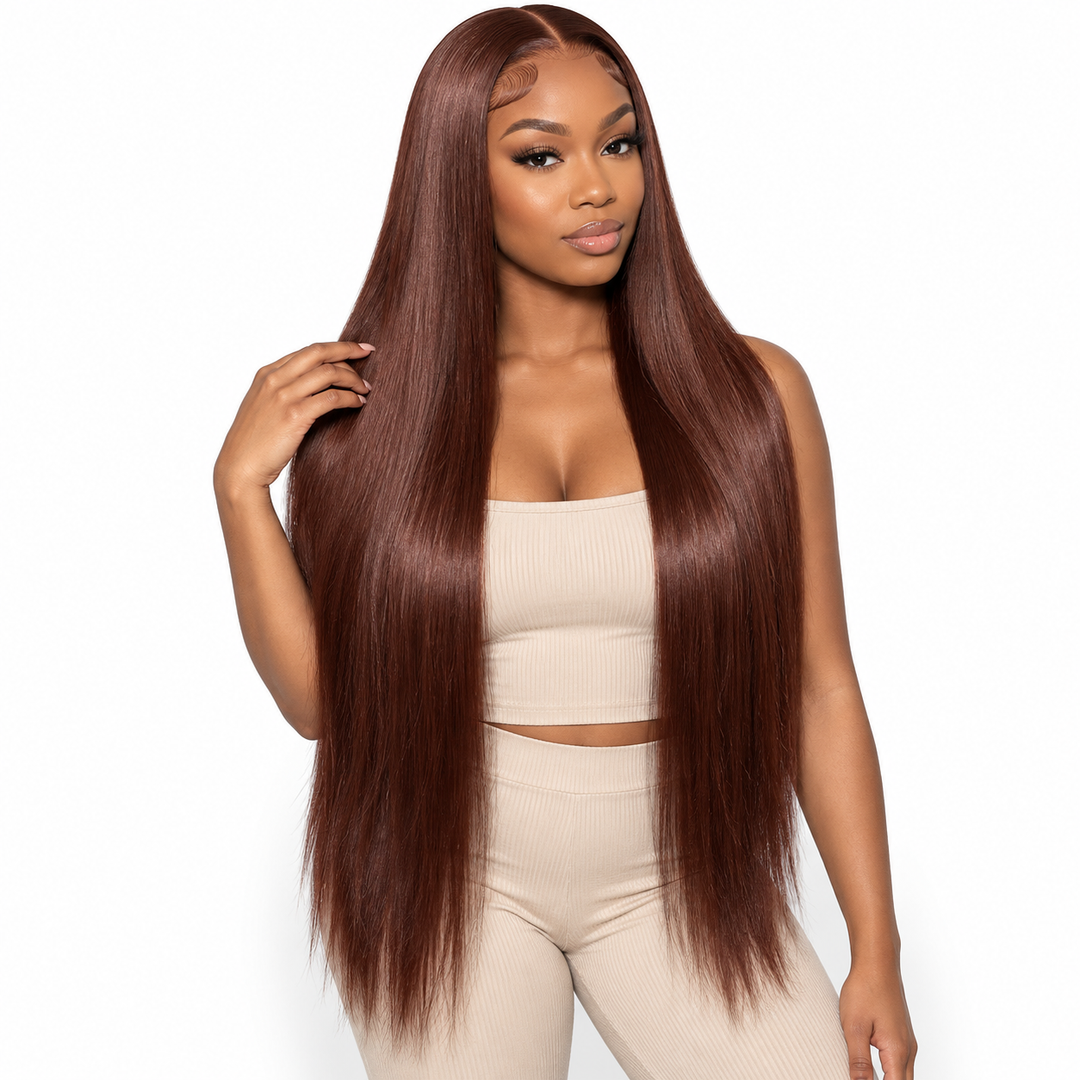 HD lace front wig in rich chestnut brown worn long and straight with center part and natural hairline on white background.