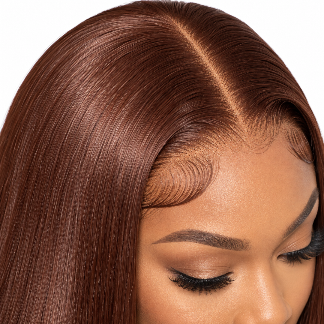 Close-up detail of straight chestnut brown wig texture, center part and lace-front hairline near the scalp.