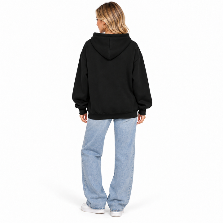 Black hoodie on model, full back view