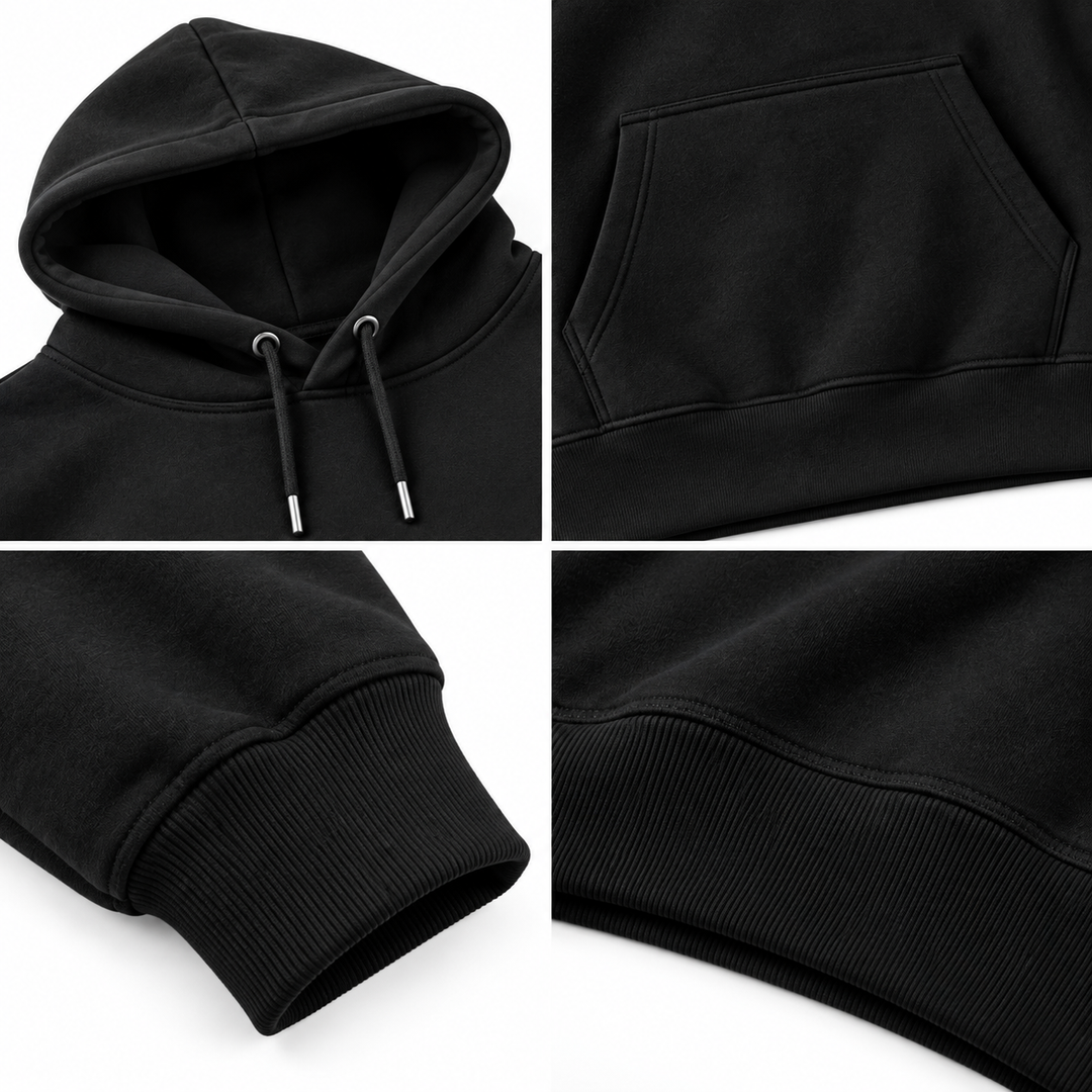 Black hoodie detail views showing hood, pocket, cuff and ribbed hem