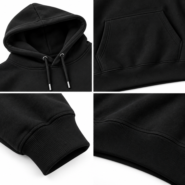 Black hoodie detail views showing hood, pocket, cuff and ribbed hem