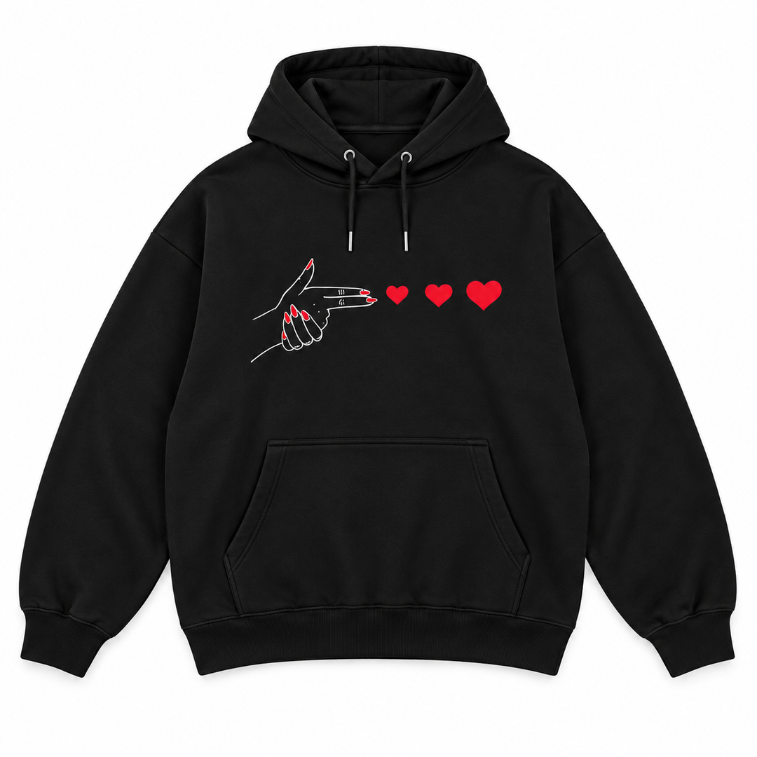 Black heart graphic hoodie isolated front view with kangaroo pocket