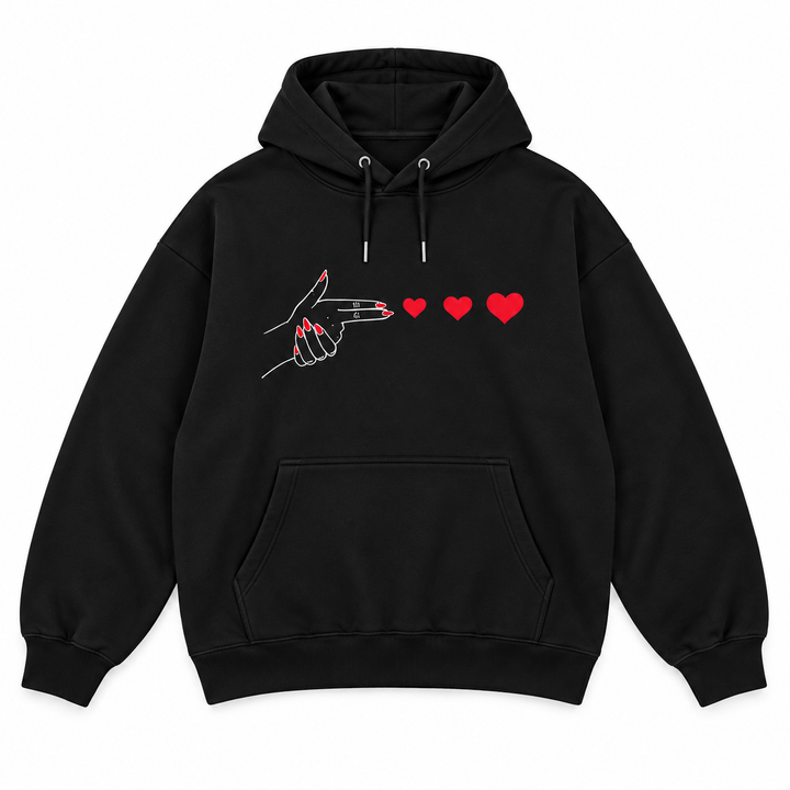 Black heart graphic hoodie isolated front view with kangaroo pocket