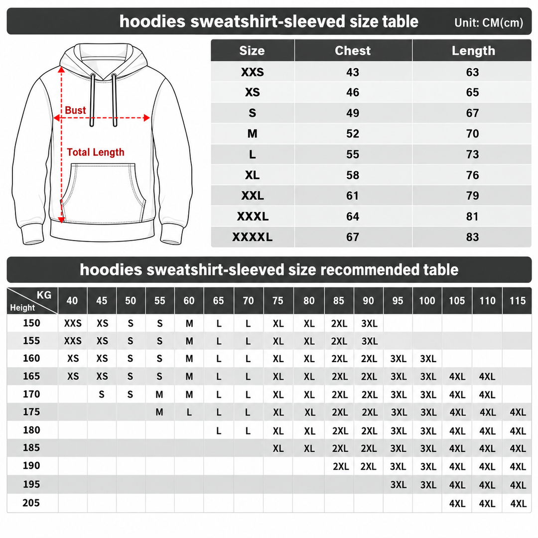 Hoodie size chart with chest, length and recommended height and weight