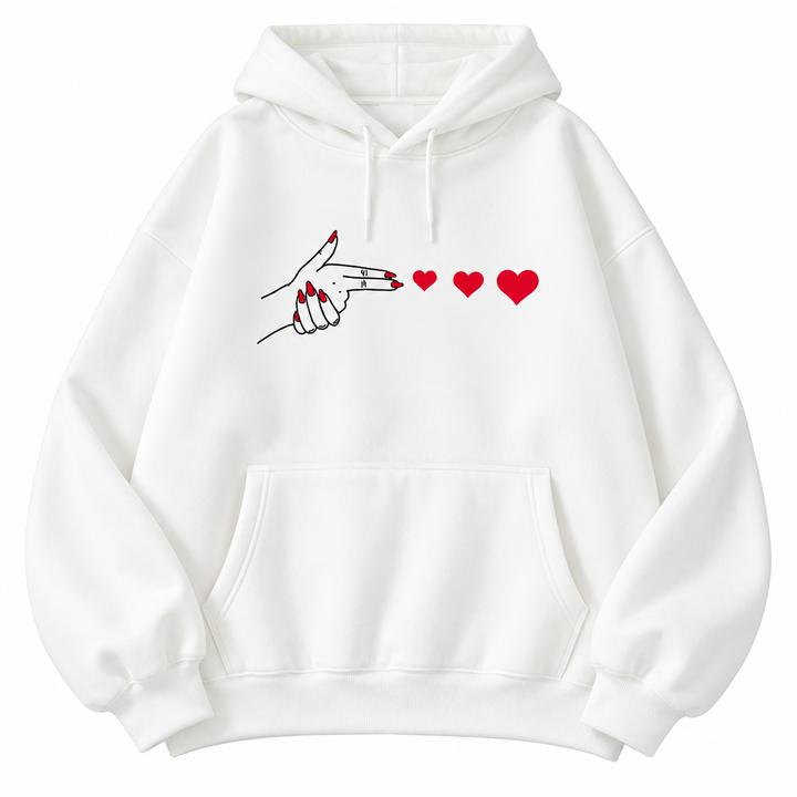 White hoodie with hand and red heart graphic, isolated front view