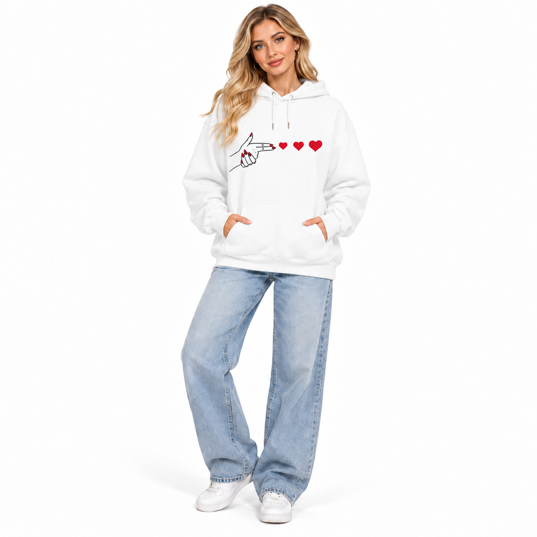 White heart graphic hoodie on model, full front view