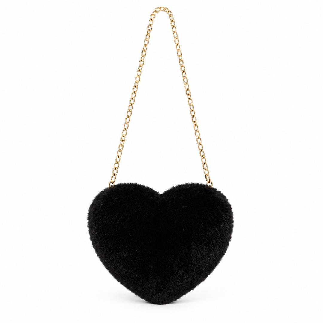 Black heart shaped bag with a gold-tone chain strap, shown from the front on plain white background in a studio product photo
