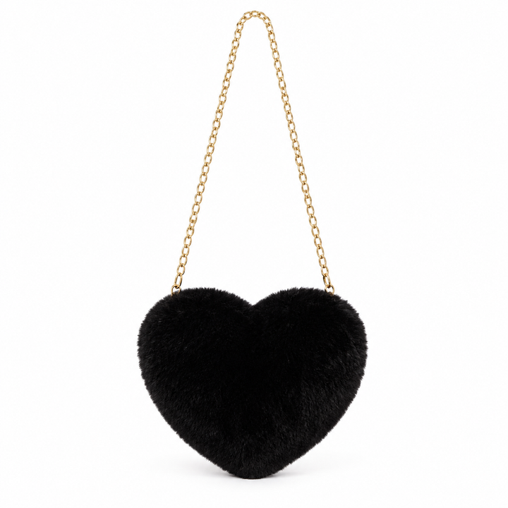Black heart shaped bag with a gold-tone chain strap, shown from the front on plain white background in a studio product photo