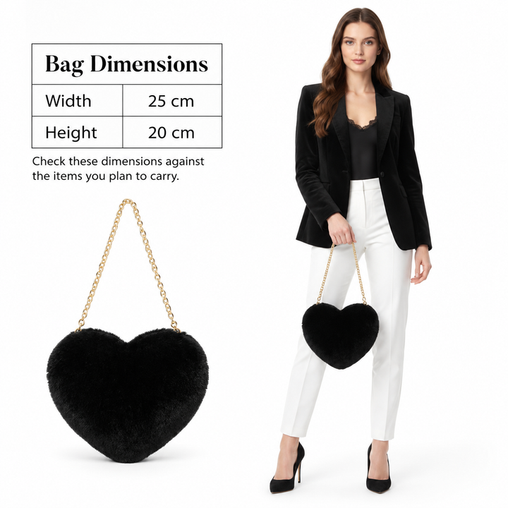 Heart shaped bag size guide showing width 25 cm and height 20 cm beside a black bag and full-body woman on a white background