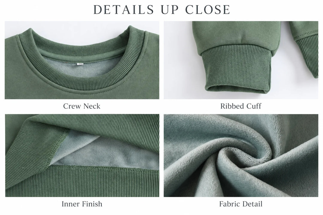 Four-panel detail image showing a green crew neckline, ribbed cuff, inner hem finish &amp; fabric close-up on a white background.