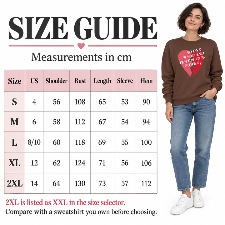 Size chart in centimetres with S to 2XL measurements, US sizes and a full-length model wearing the coffee printed sweatshirt.