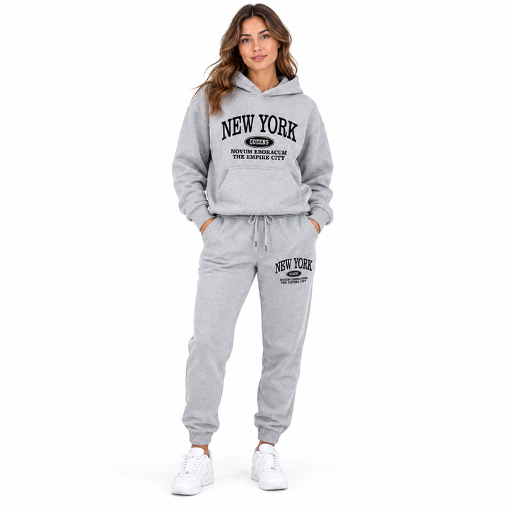 Heather gray hoodie and sweatpants set on a female model, full front view