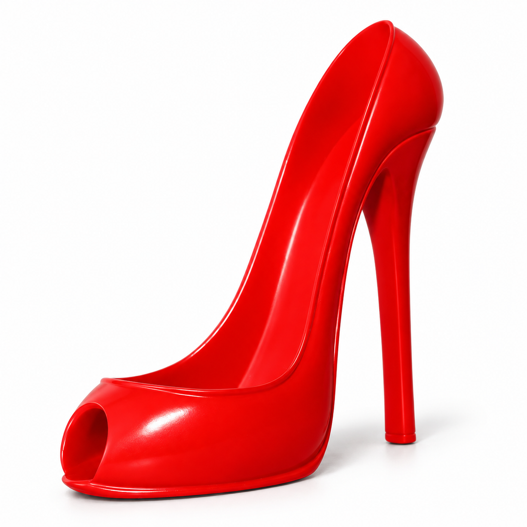 Red high heel wine bottle holder in a front three-quarter studio view, showing its peep toe, curved cradle and stiletto heel.