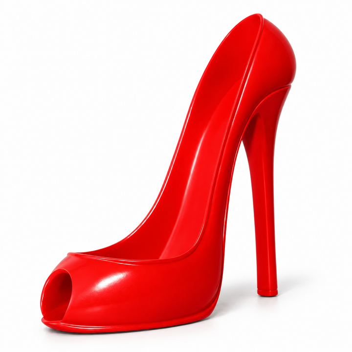 Red high heel wine bottle holder in a front three-quarter studio view, showing its peep toe, curved cradle and stiletto heel.