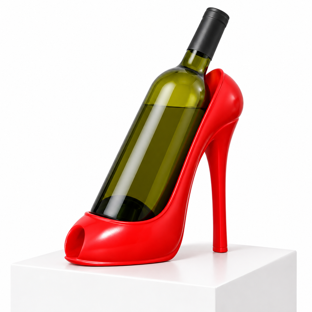 Red resin wine stand with green bottle on a white display plinth, styled against a white studio background with soft shadows.