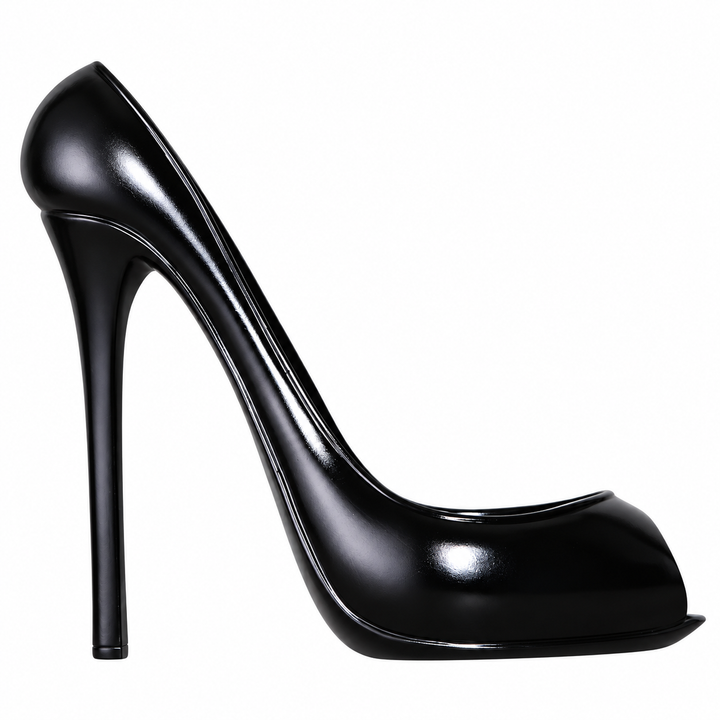 Black resin shoe-shaped wine stand in side profile on white, showing its curved upper rim, sculpted arch and a stiletto heel.