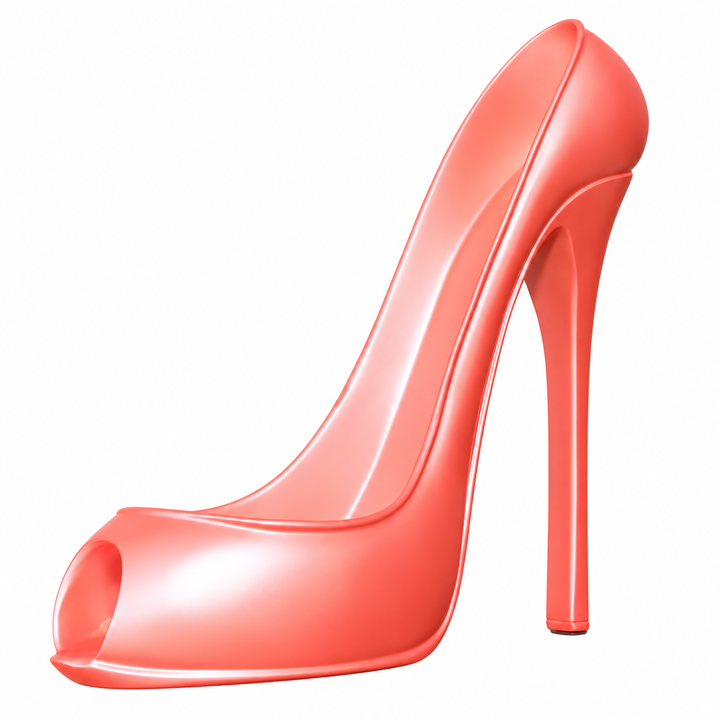 Pink resin shoe-shaped wine stand on a white background, showing its peep toe opening, molded cradle, and tall, slender heel.