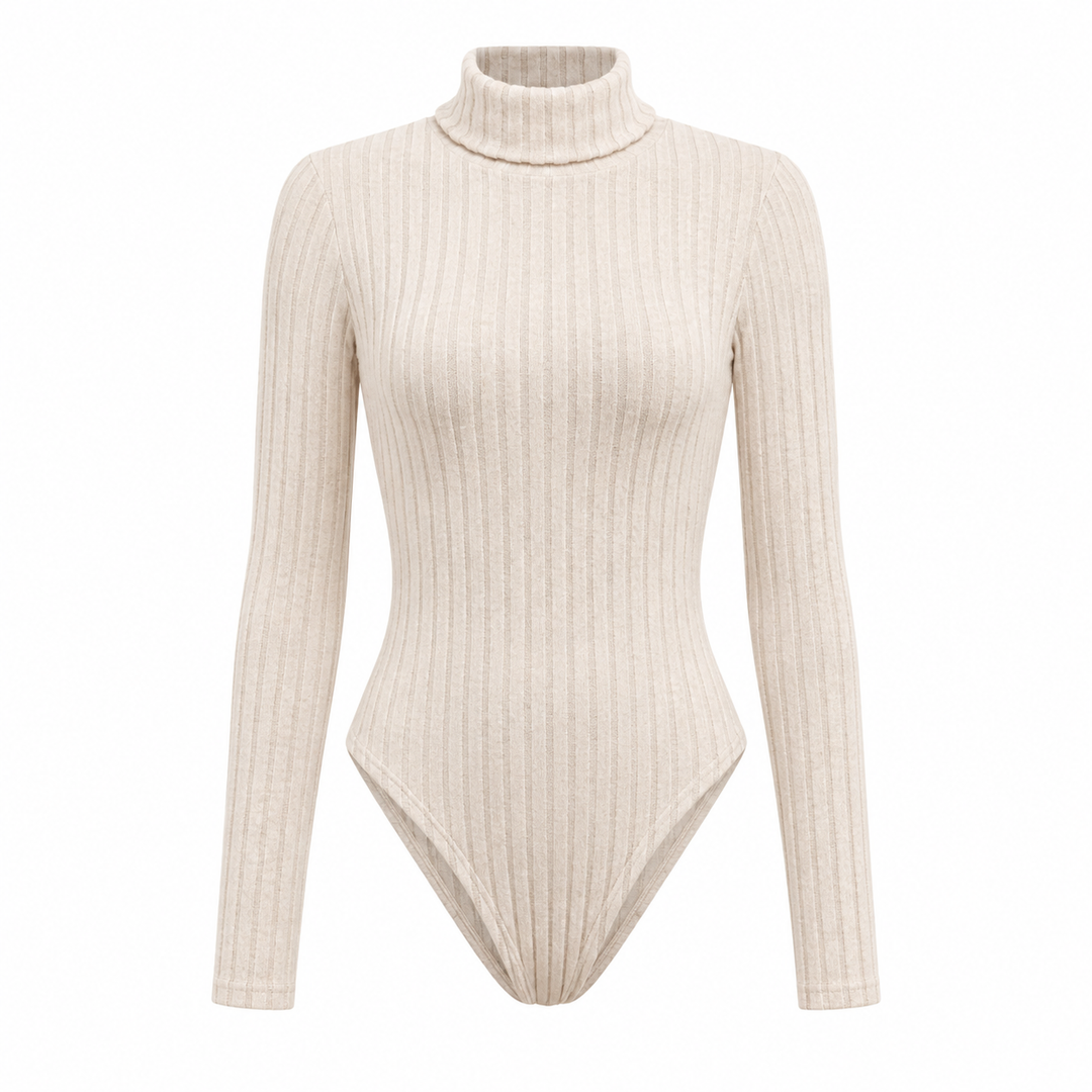 Product-only bodysuit front view on white background showing the high collar, long sleeves, ribbed texture and clean silhouette.