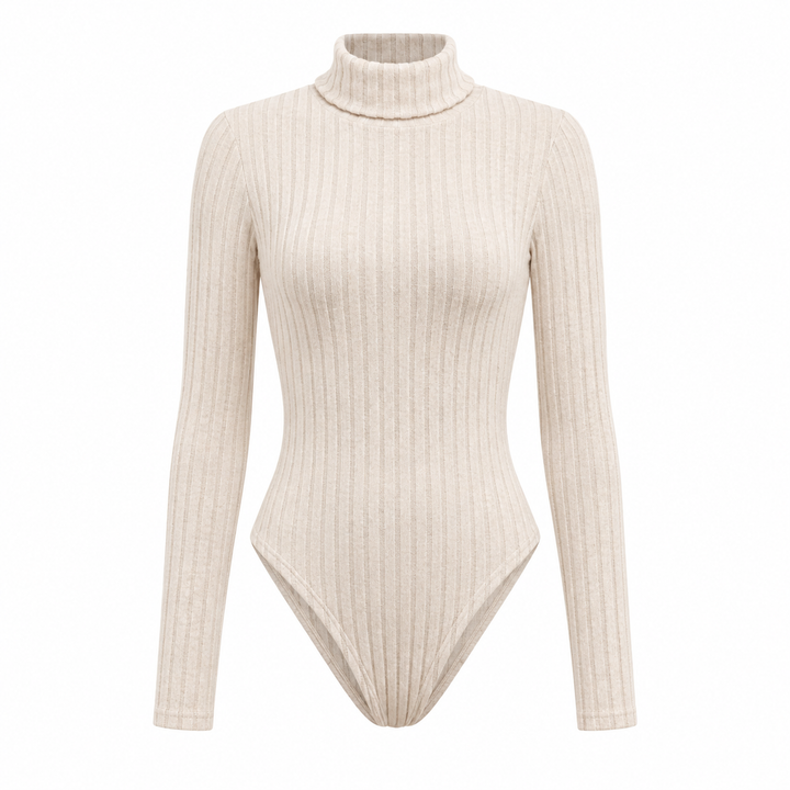 Product-only bodysuit front view on white background showing the high collar, long sleeves, ribbed texture and clean silhouette.