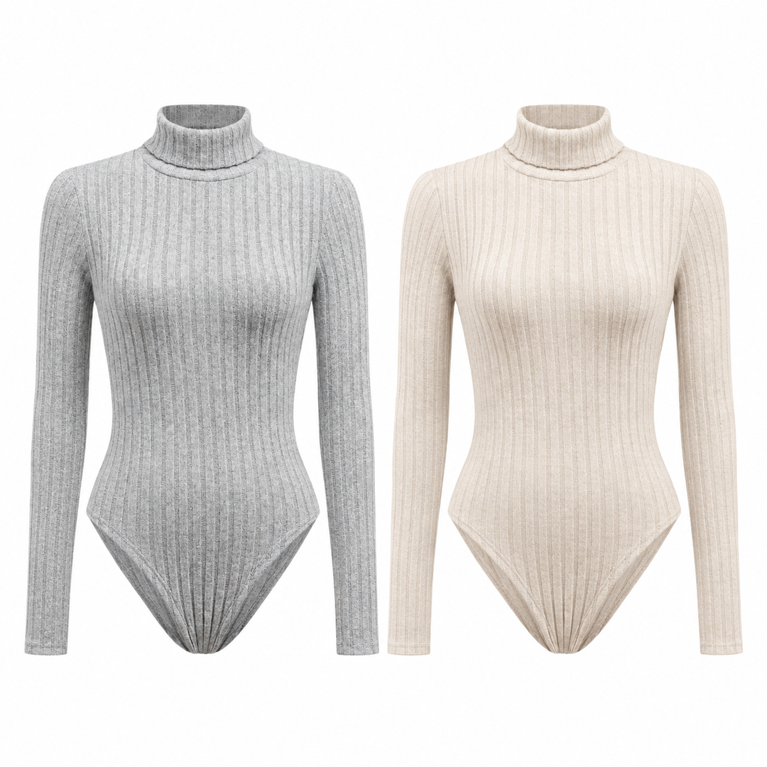 Side-by-side product view of both bodysuit variants showing the same high collar, long sleeves, ribbed texture and overall shape.
