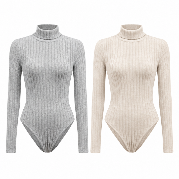 Side-by-side product view of both bodysuit variants showing the same high collar, long sleeves, ribbed texture and overall shape.