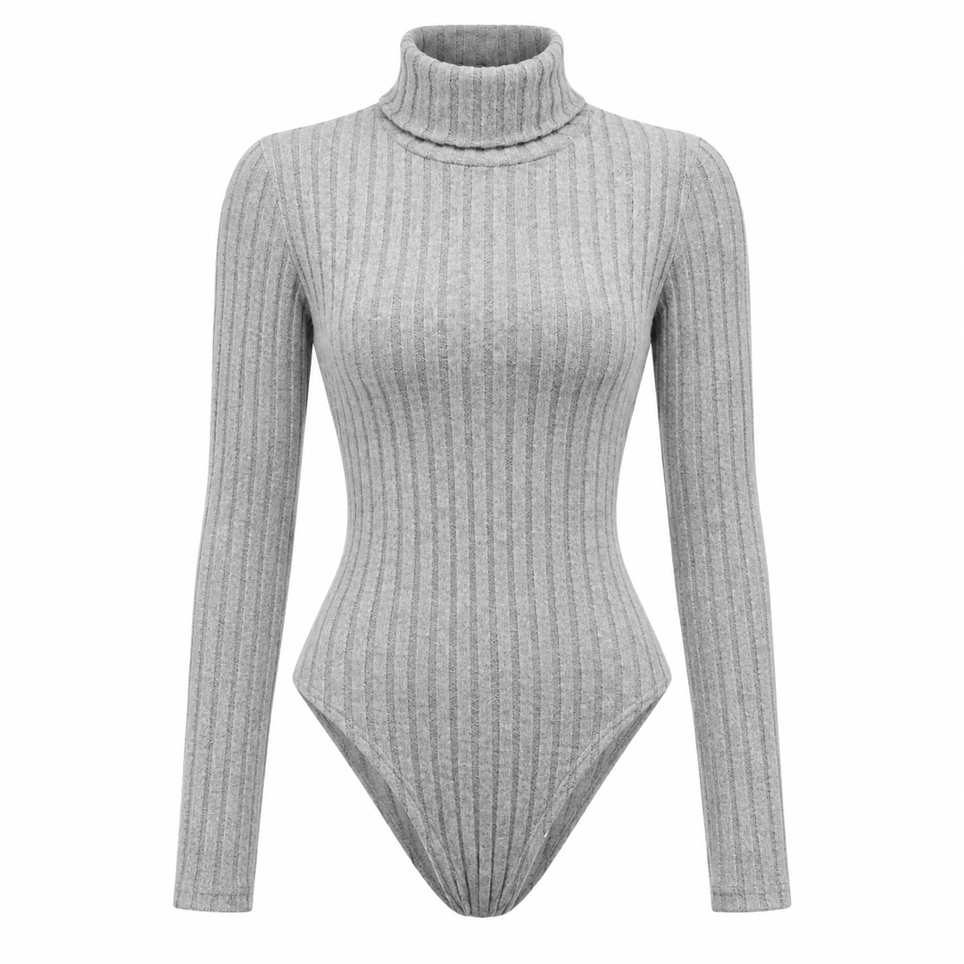 High neck bodysuit shown alone on white background with long sleeves, ribbed texture and high collar for clear product photo.
