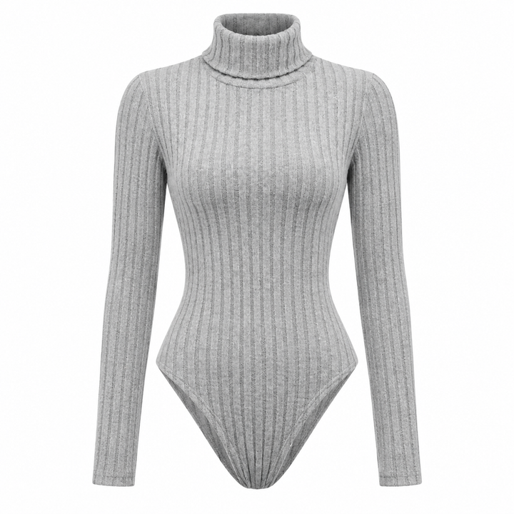 High neck bodysuit shown alone on white background with long sleeves, ribbed texture and high collar for clear product photo.