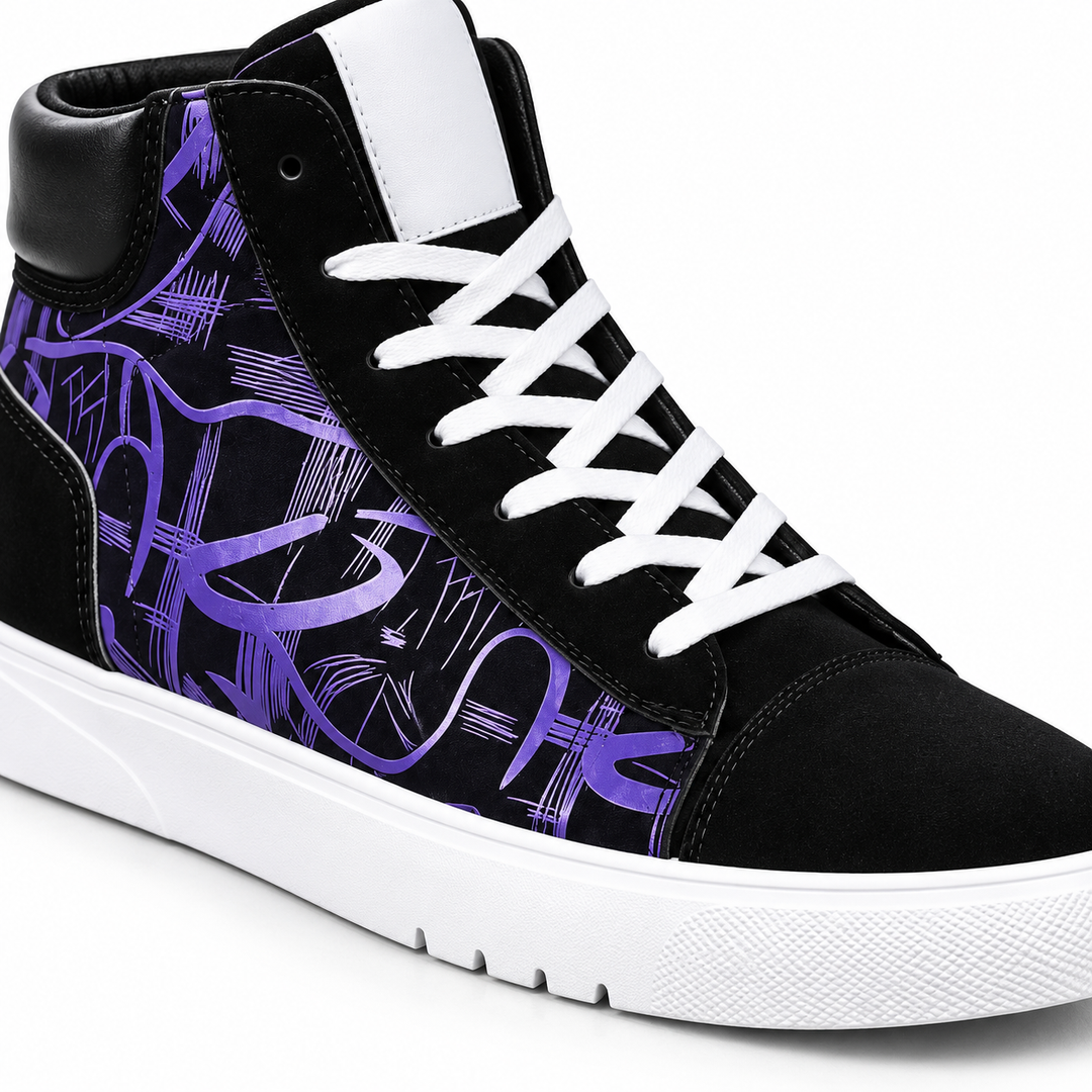 Close-up of white laces, black upper and purple graphic panel on the high top sneaker