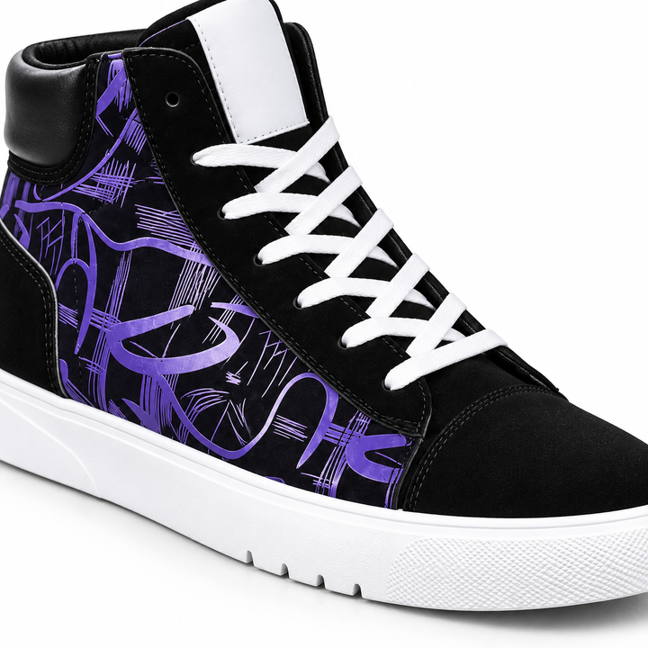 Close-up of white laces, black upper and purple graphic panel on the high top sneaker