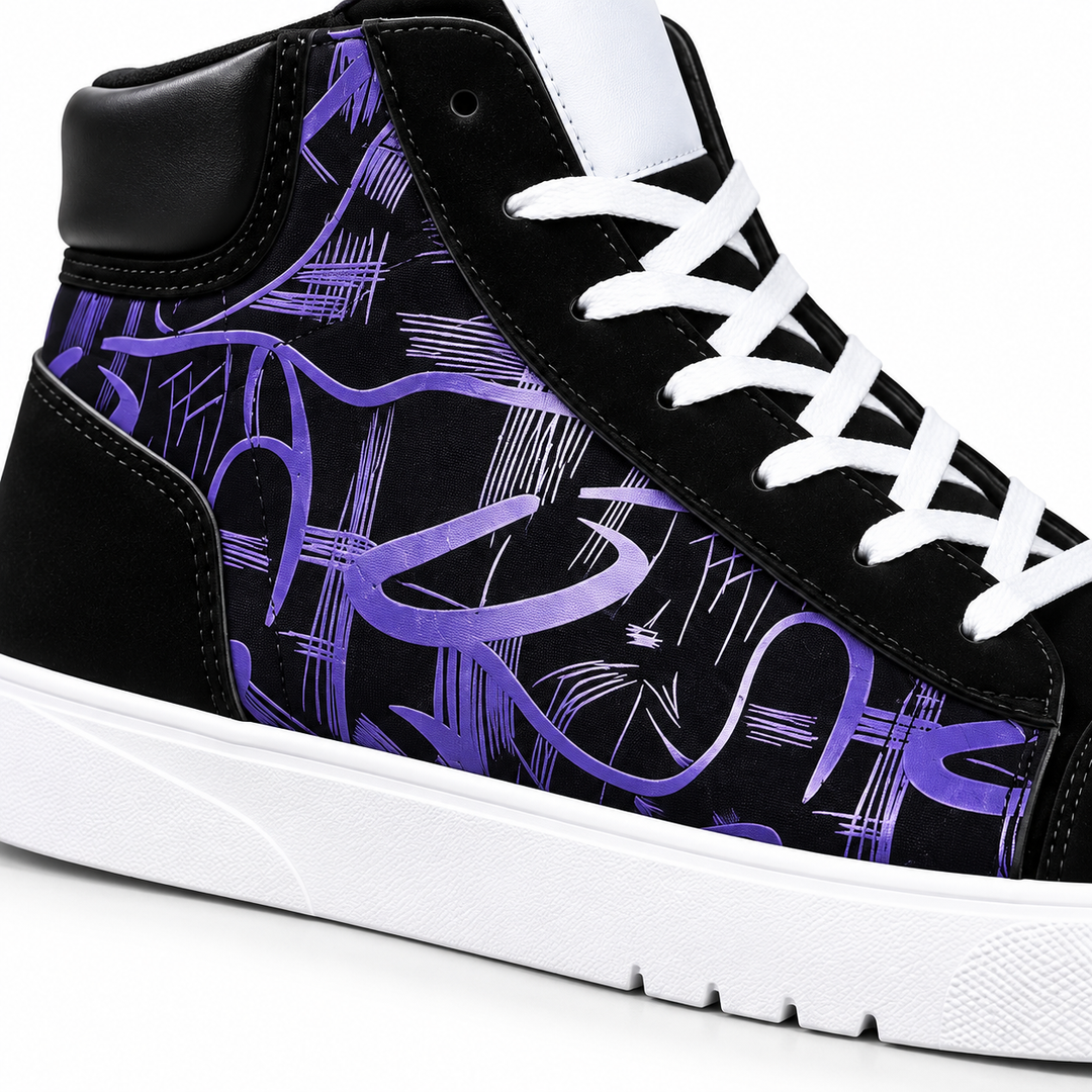 Close-up of purple graphic side panel, stitching and white sole on the high top sneaker
