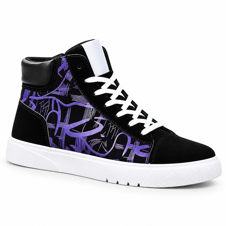 Purple graphic high top sneaker side view with black panels, white laces and white sole