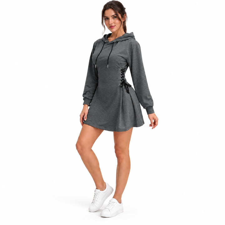 Dark gray long-sleeve mini dress with side ties, full-length studio view