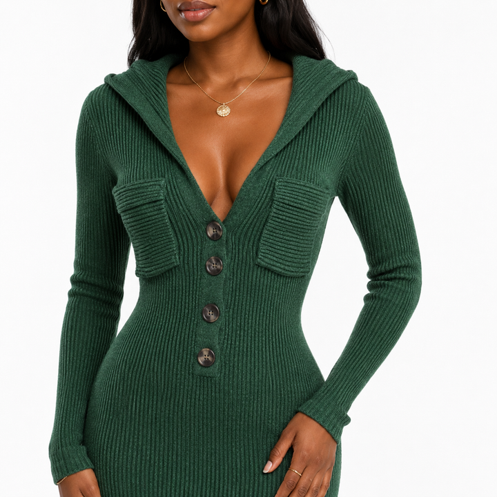 Dark green hooded knit maxi dress - close-up of ribbed texture, buttons and chest pockets
