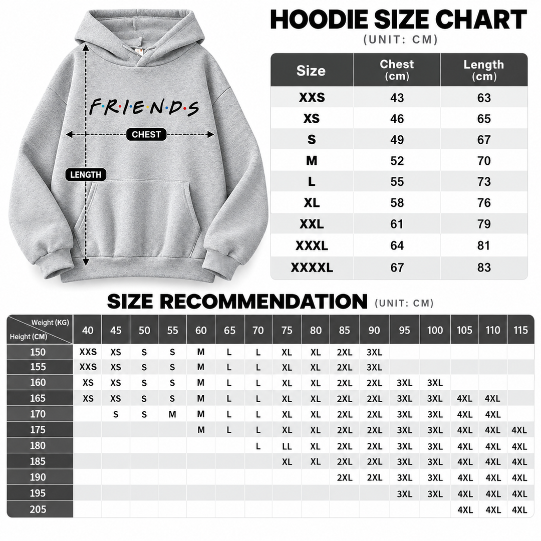 Hoodie size chart image with chest and length guidance plus height and weight recommendations